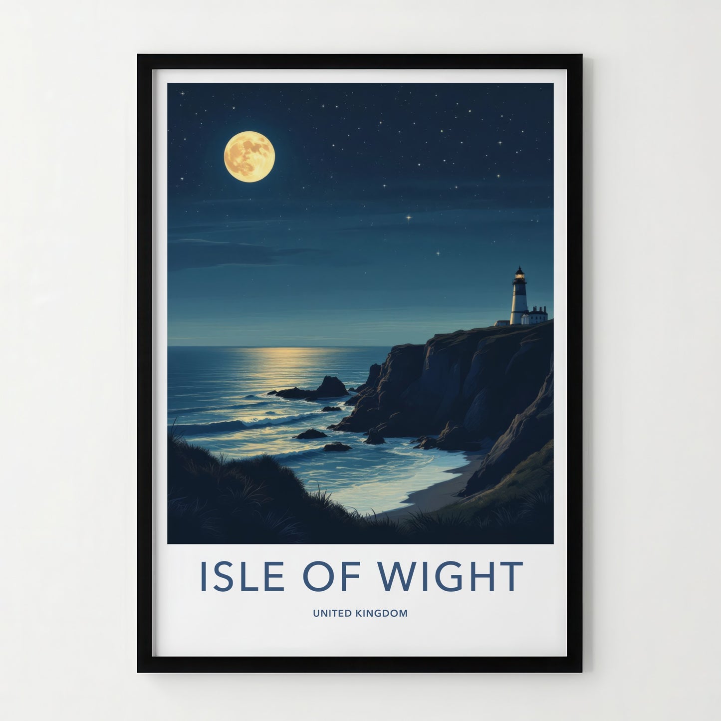 Isle of Wight Poster - United Kingdom Travel Art - Moonlit Lighthouse Cliffs Home Decor