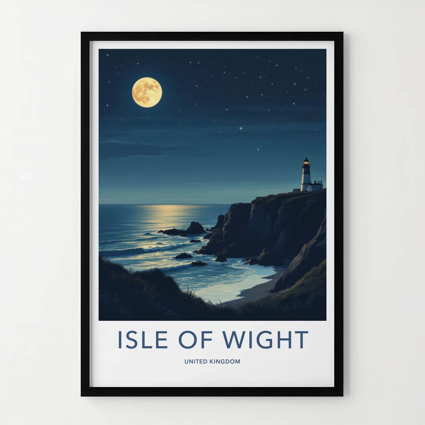 Isle of Wight Poster - United Kingdom Travel Art - Moonlit Lighthouse Cliffs Home Decor
