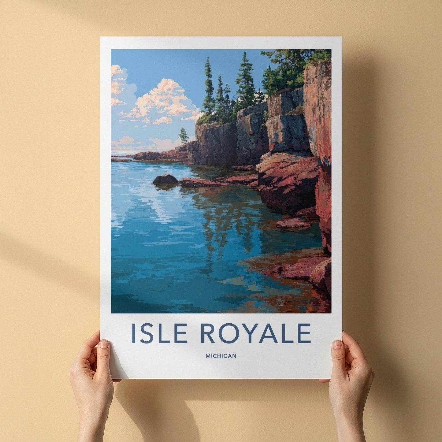 Isle Royale Poster - Michigan Travel Art - Green Trees Cliff Home Decor