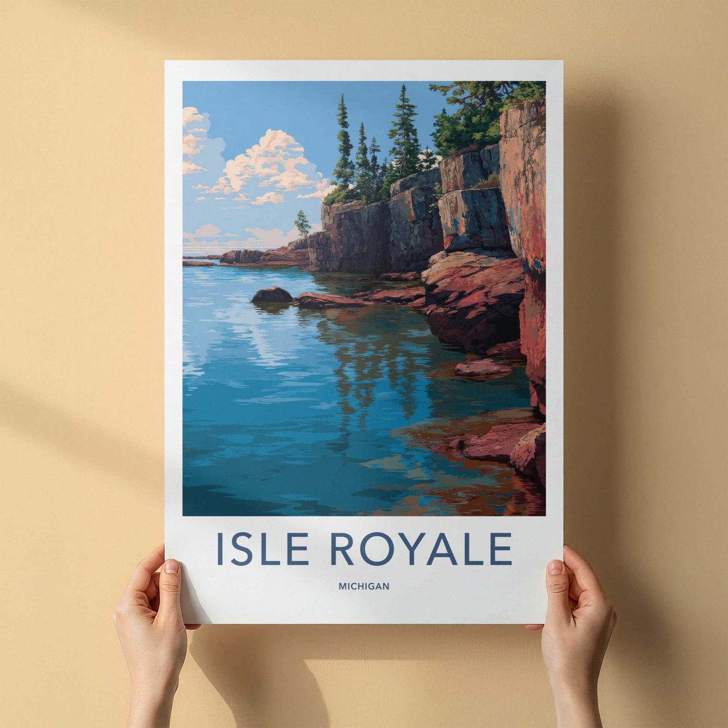 Isle Royale Poster - Michigan Travel Art - Green Trees Cliff Home Decor