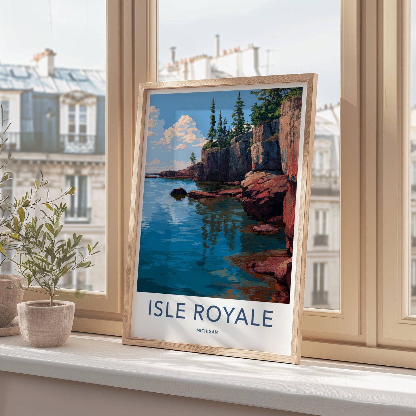 Isle Royale Poster - Michigan Travel Art - Green Trees Cliff Home Decor