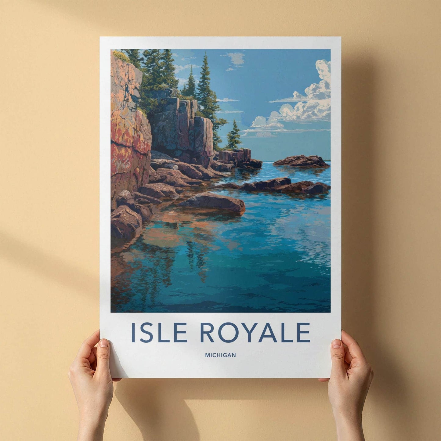 Isle Royale Poster - Michigan Travel Art - Rocky Cliff Pine Home Decor
