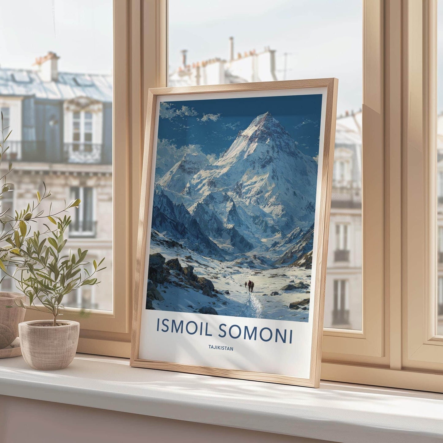Ismoil Somoni Poster - Tajikistan Travel Art - Hikers Snowy Trail Home Decor