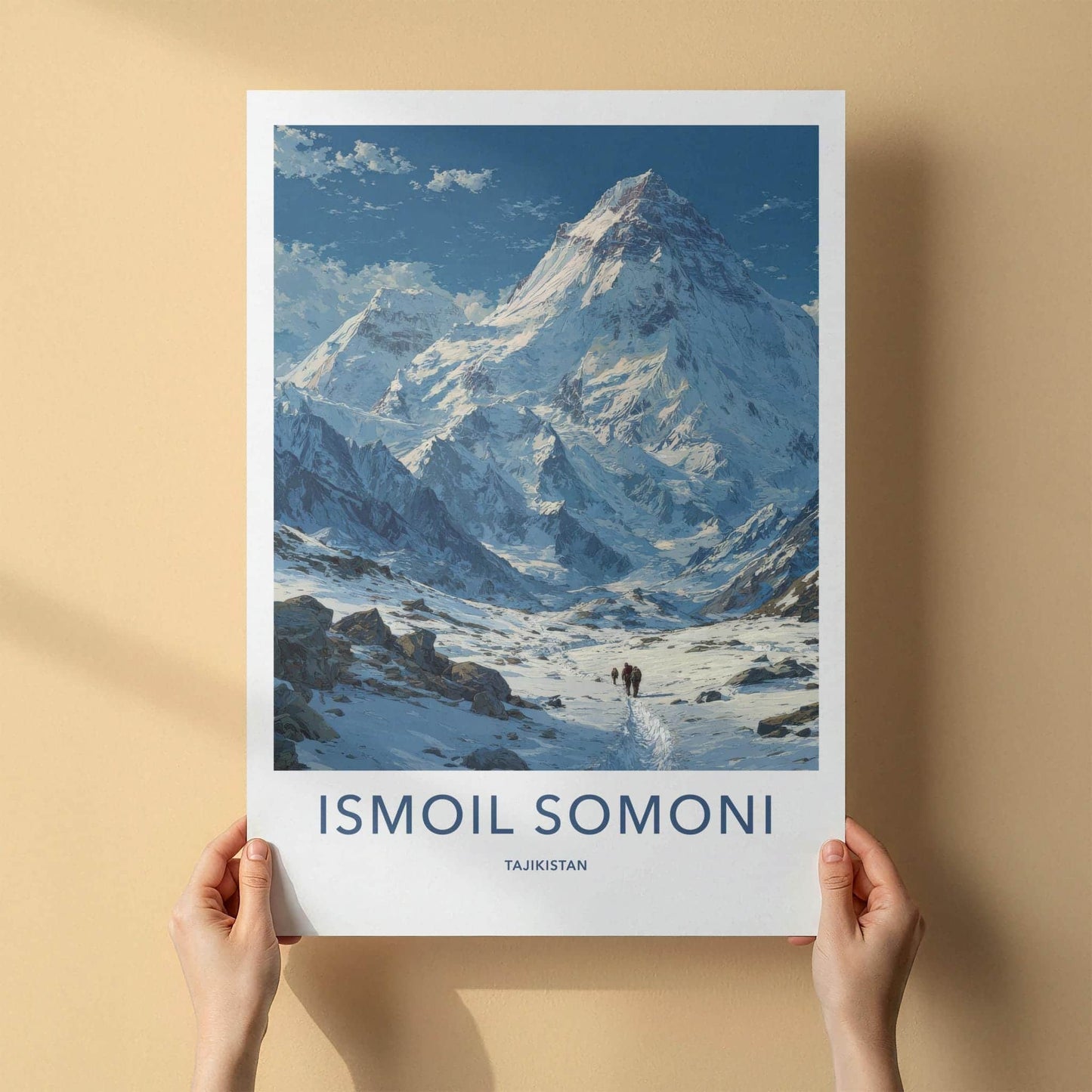 Ismoil Somoni Poster - Tajikistan Travel Art - Hikers Snowy Trail Home Decor