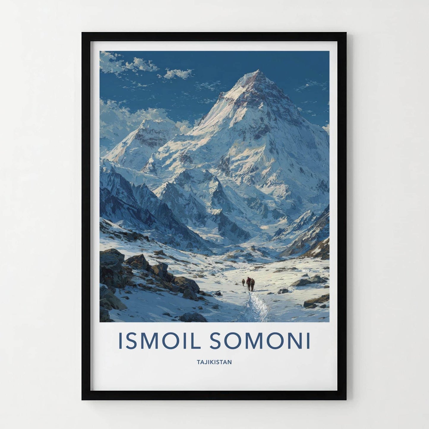 Ismoil Somoni Poster - Tajikistan Travel Art - Hikers Snowy Trail Home Decor