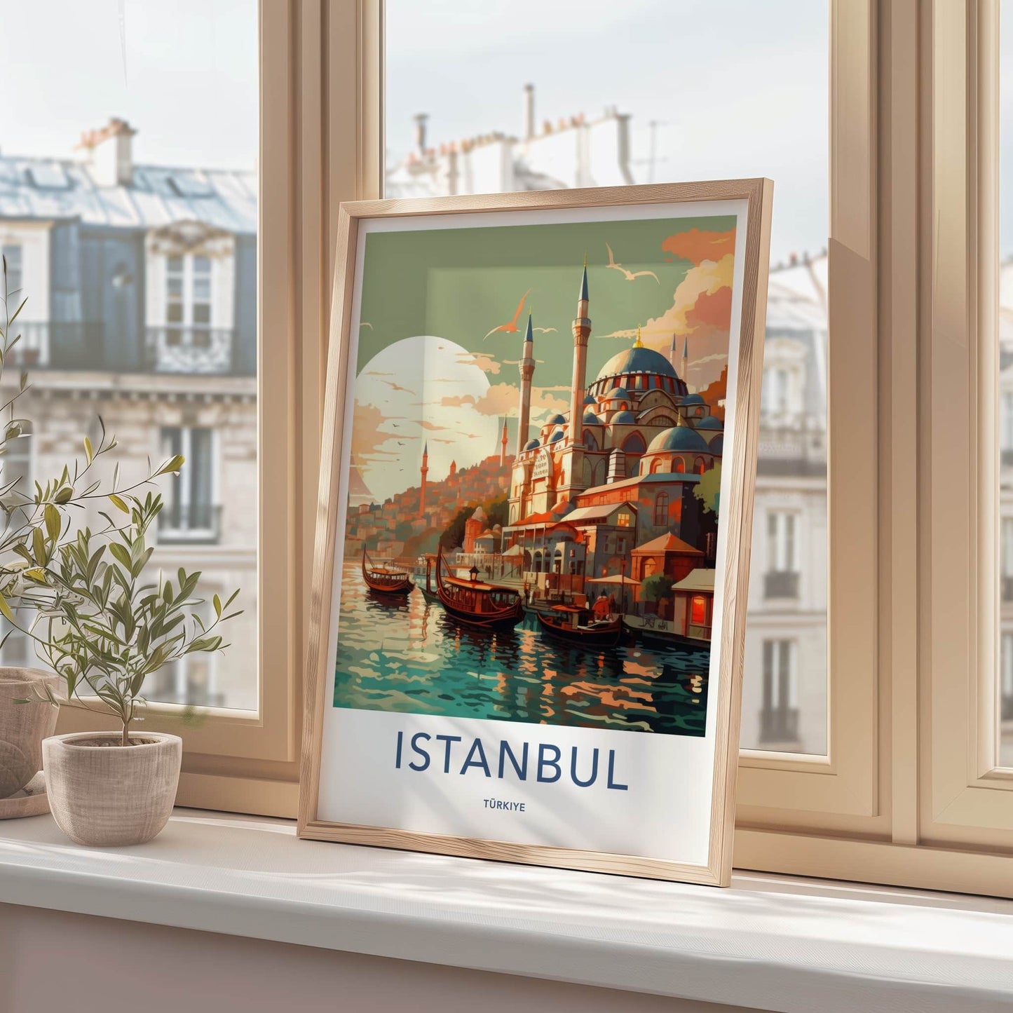 Istanbul Poster - Turkiye Travel Art - Boats Mosque Sunset Home Decor