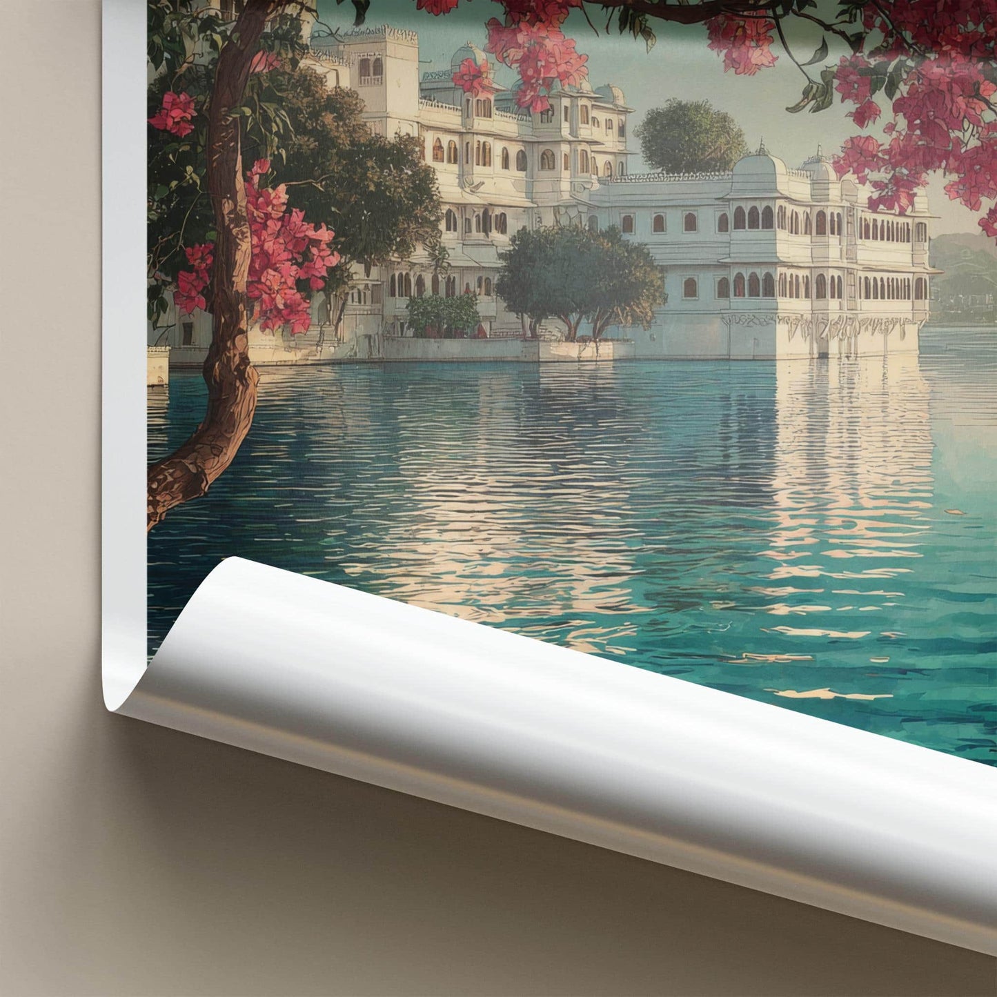 Jag Niwas Palace Poster - India Travel Art - Rajasthan Lake Palace Flowers Decor