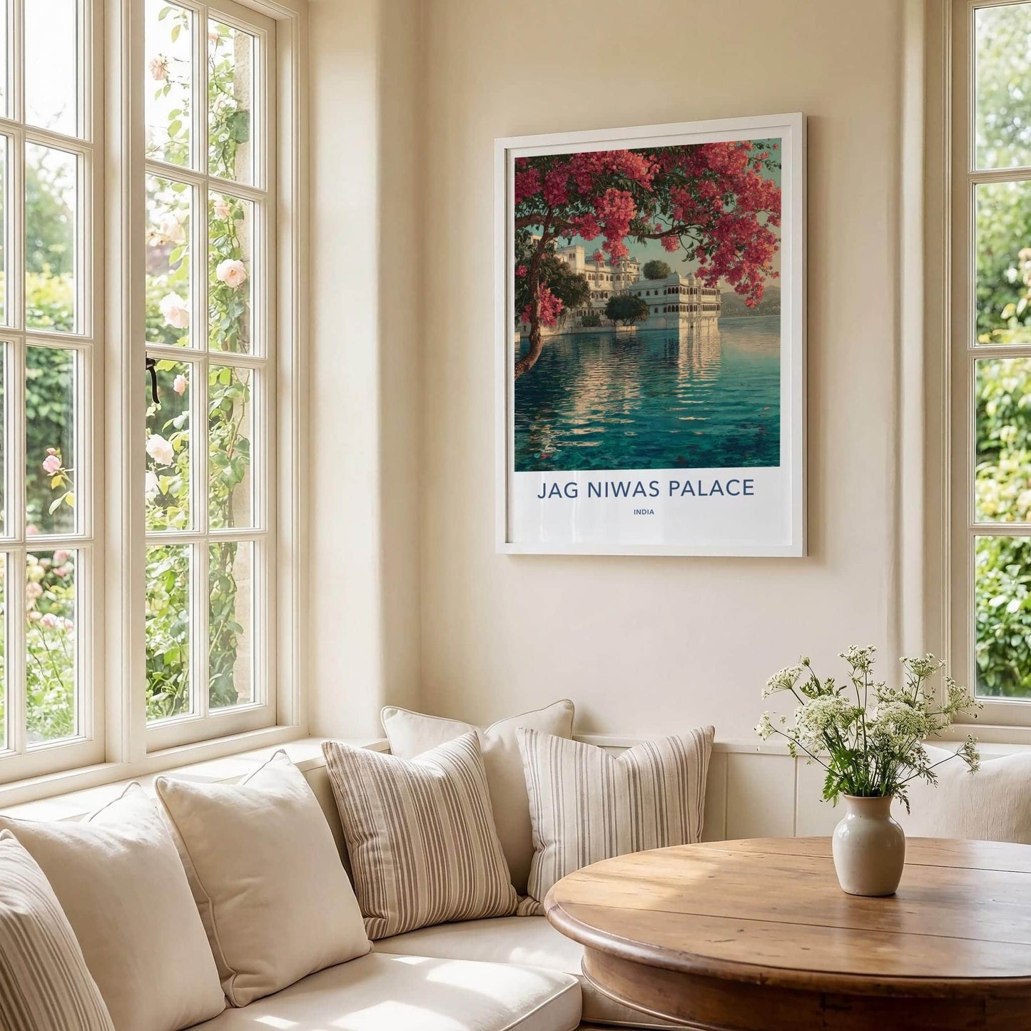 Jag Niwas Palace Poster - India Travel Art - Rajasthan Lake Palace Flowers Decor