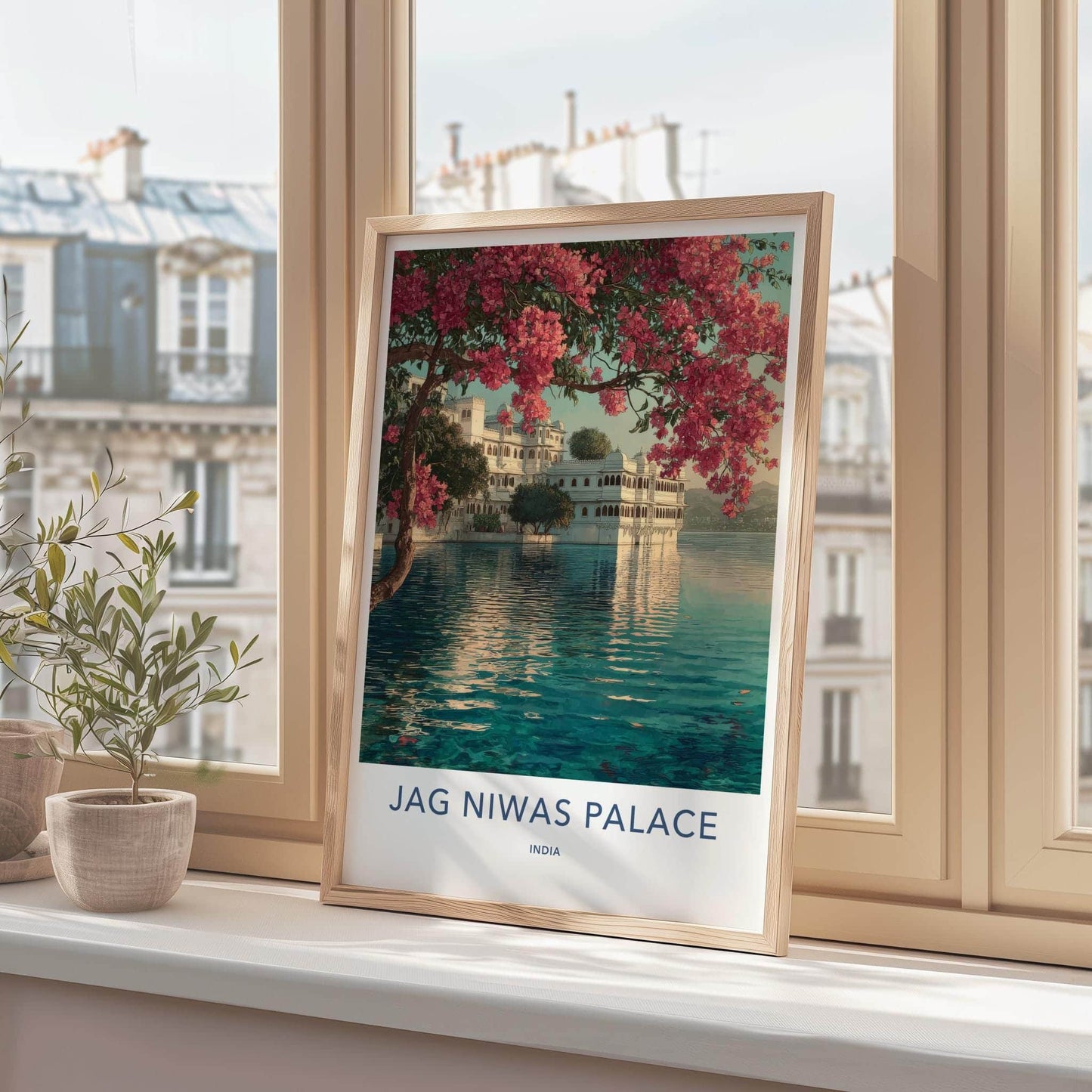 Jag Niwas Palace Poster - India Travel Art - Rajasthan Lake Palace Flowers Decor
