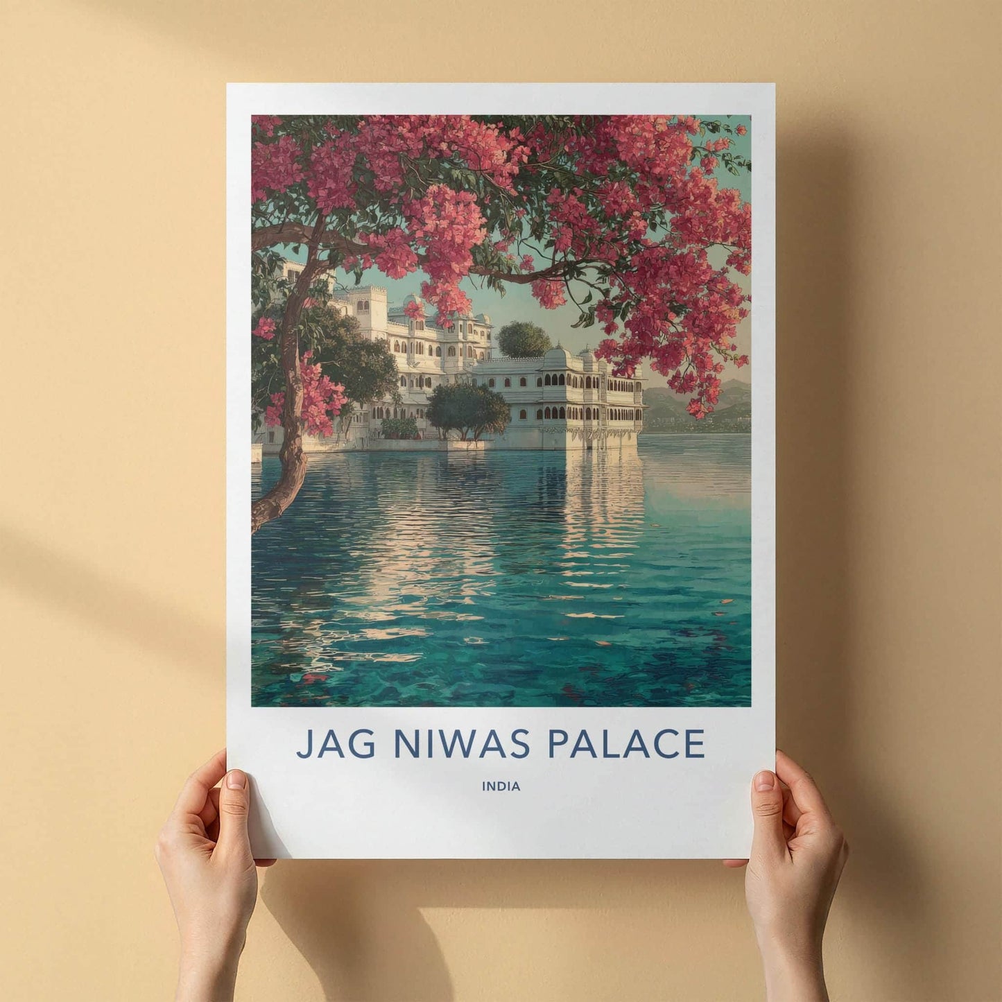 Jag Niwas Palace Poster - India Travel Art - Rajasthan Lake Palace Flowers Decor