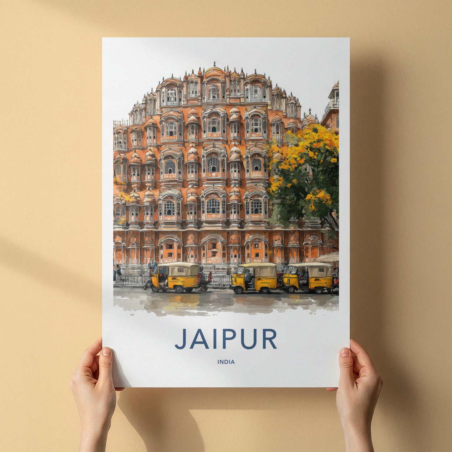 Jaipur Poster - India Travel Art - Rajasthan Hawa Mahal Rickshaws Home Decor