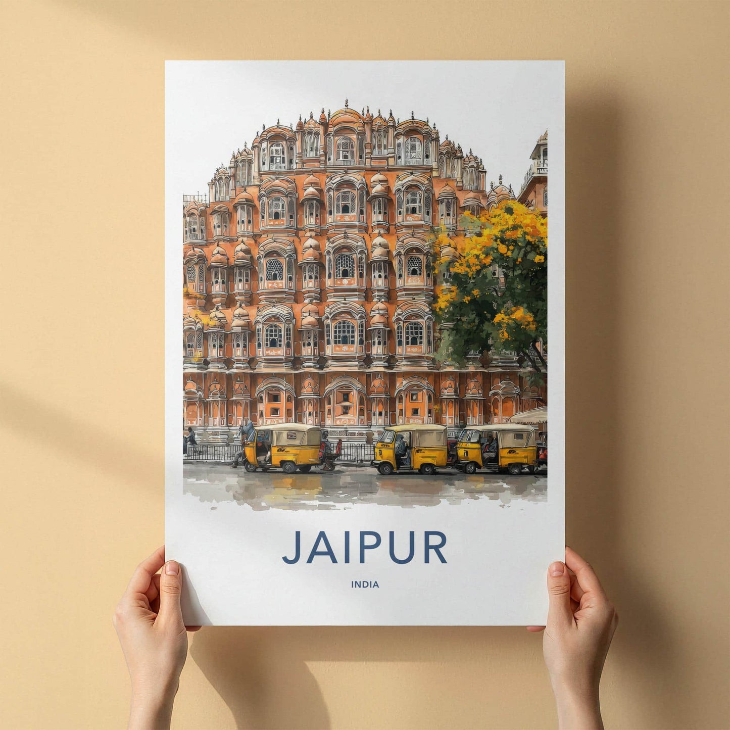 Jaipur Poster - India Travel Art - Rajasthan Hawa Mahal Rickshaws Home Decor
