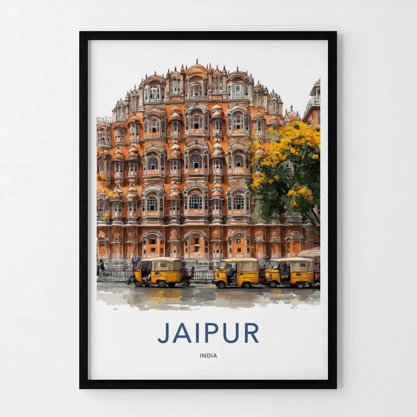 Jaipur Poster - India Travel Art - Rajasthan Hawa Mahal Rickshaws Home Decor