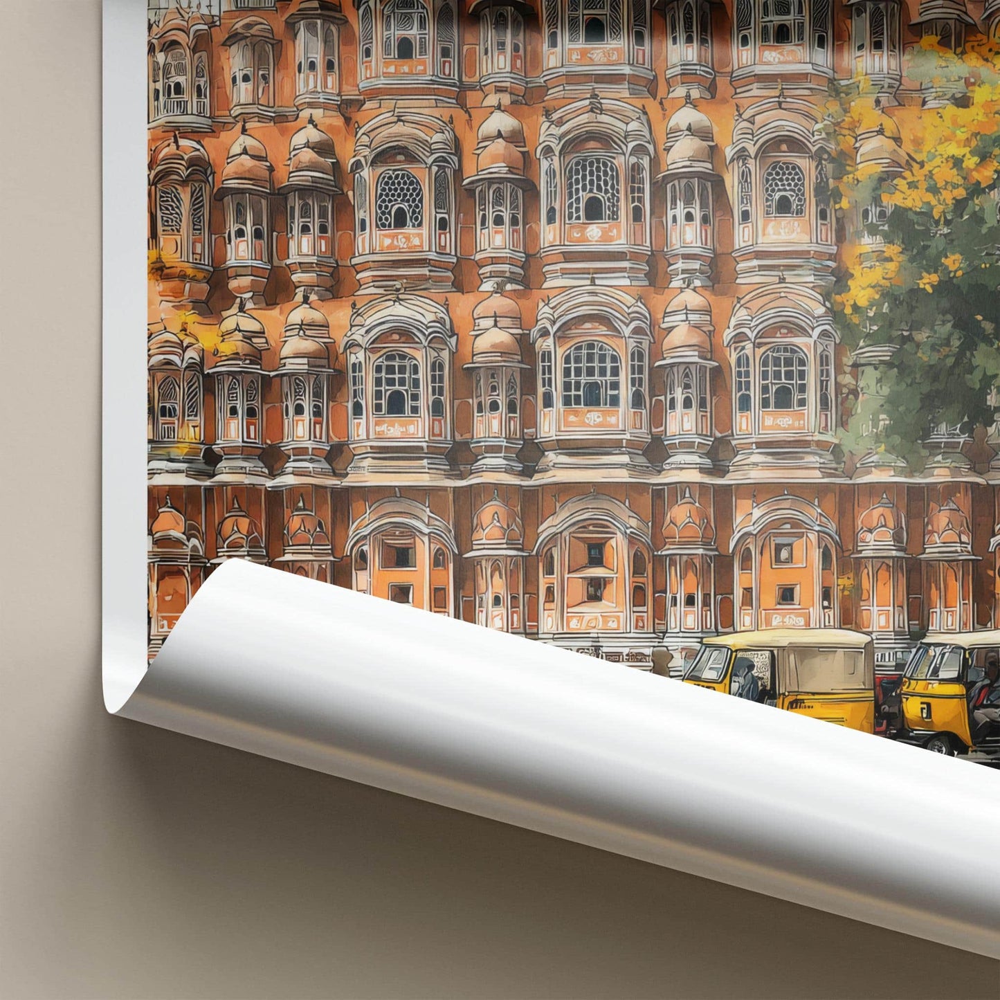 Jaipur Poster - India Travel Art - Rajasthan Hawa Mahal Rickshaws Home Decor