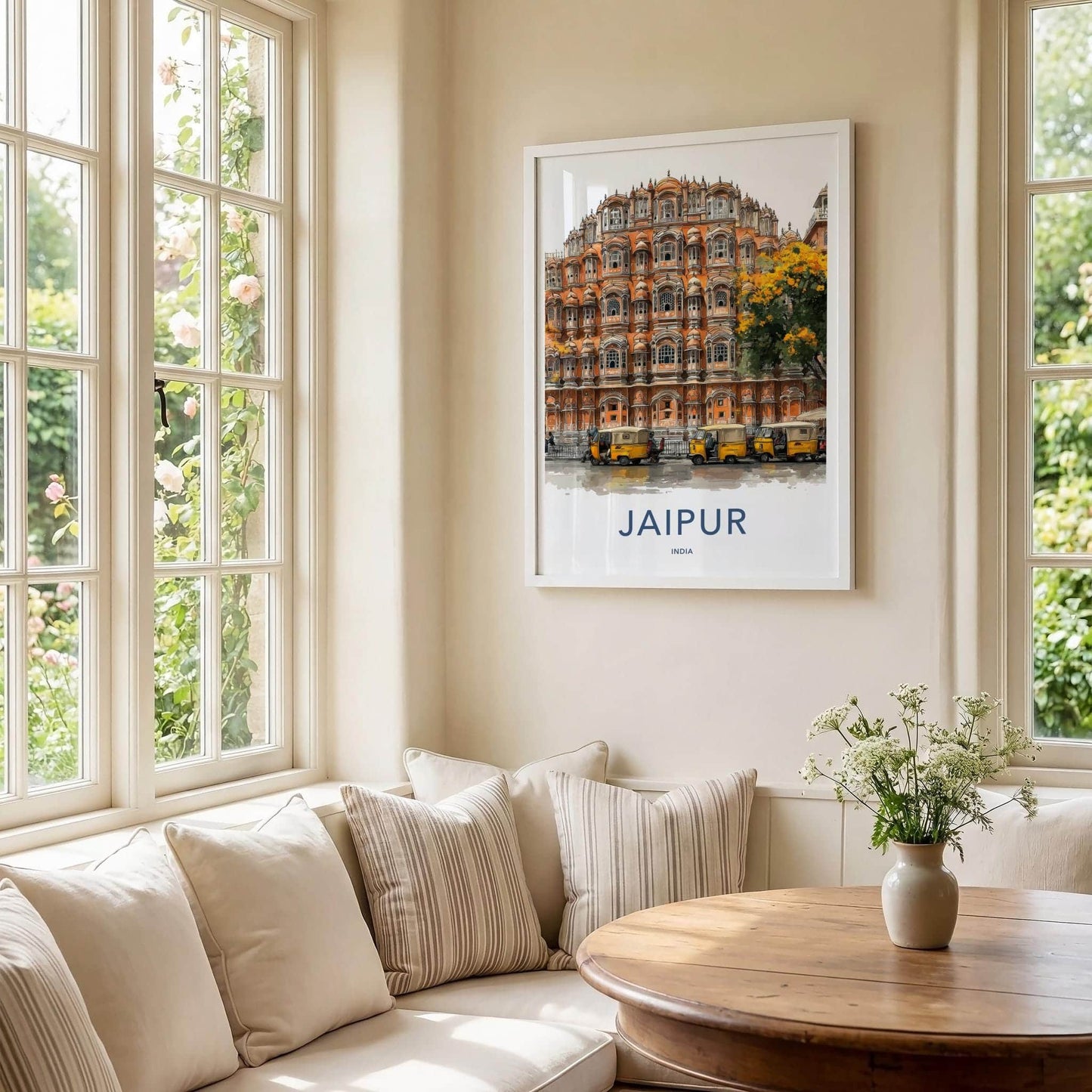 Jaipur Poster - India Travel Art - Rajasthan Hawa Mahal Rickshaws Home Decor