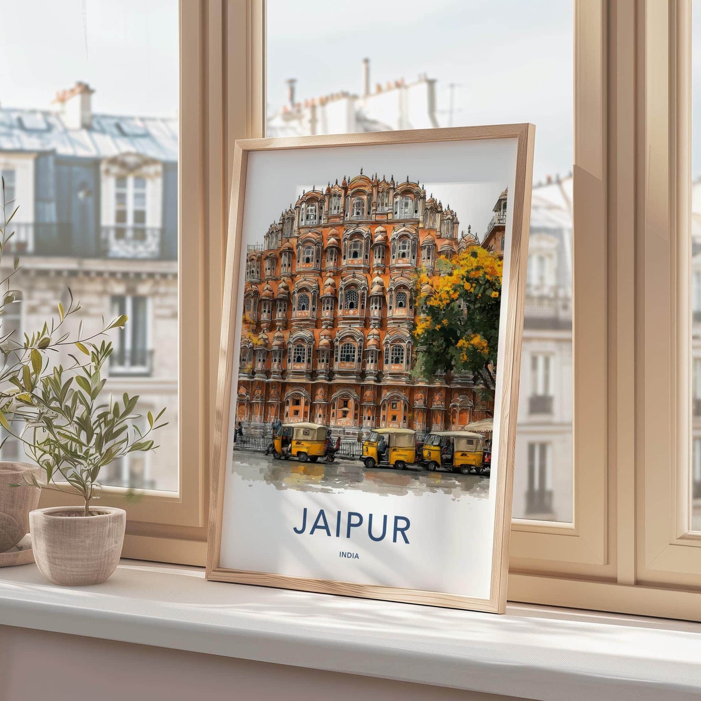 Jaipur Poster - India Travel Art - Rajasthan Hawa Mahal Rickshaws Home Decor