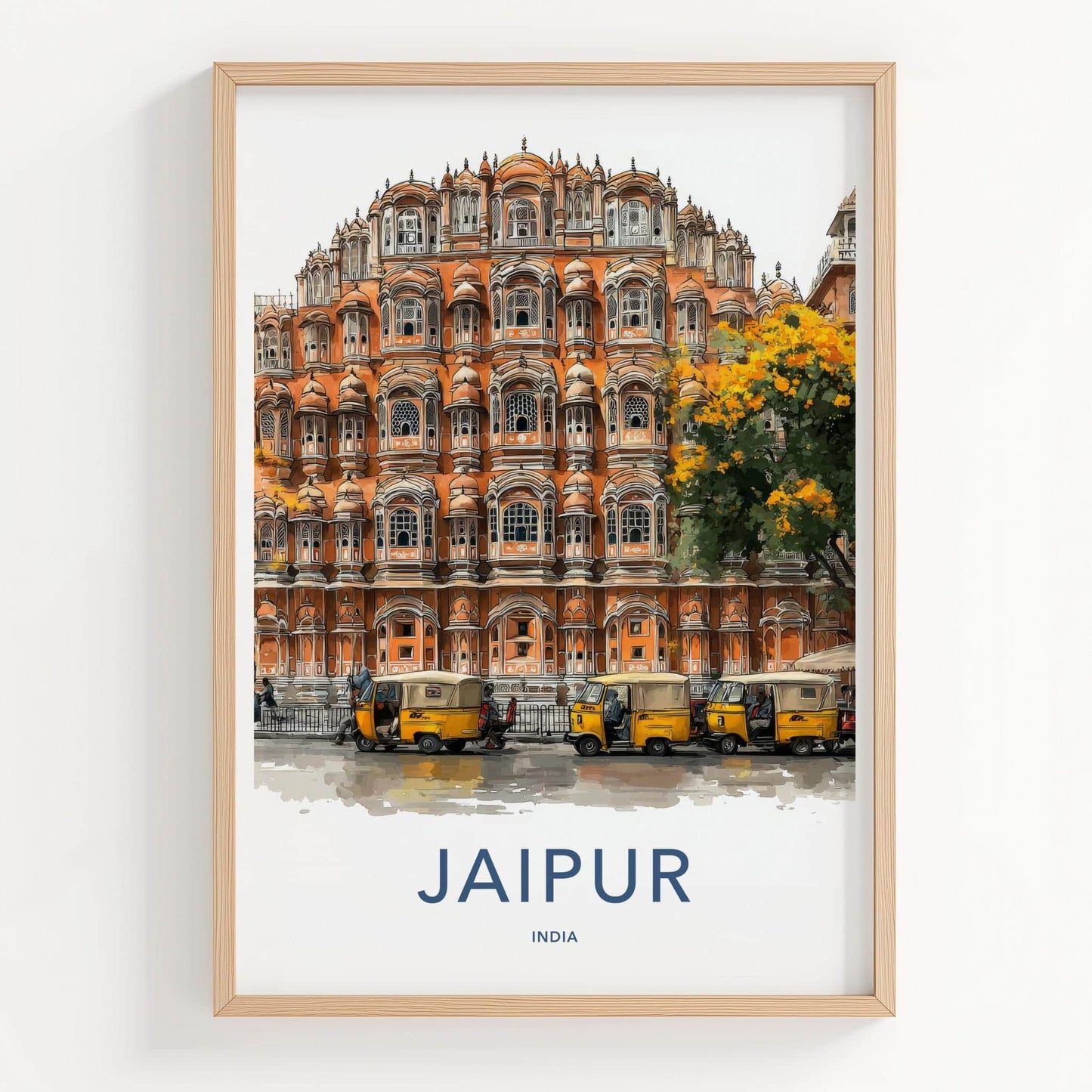 Jaipur Poster - India Travel Art - Rajasthan Hawa Mahal Rickshaws Home Decor