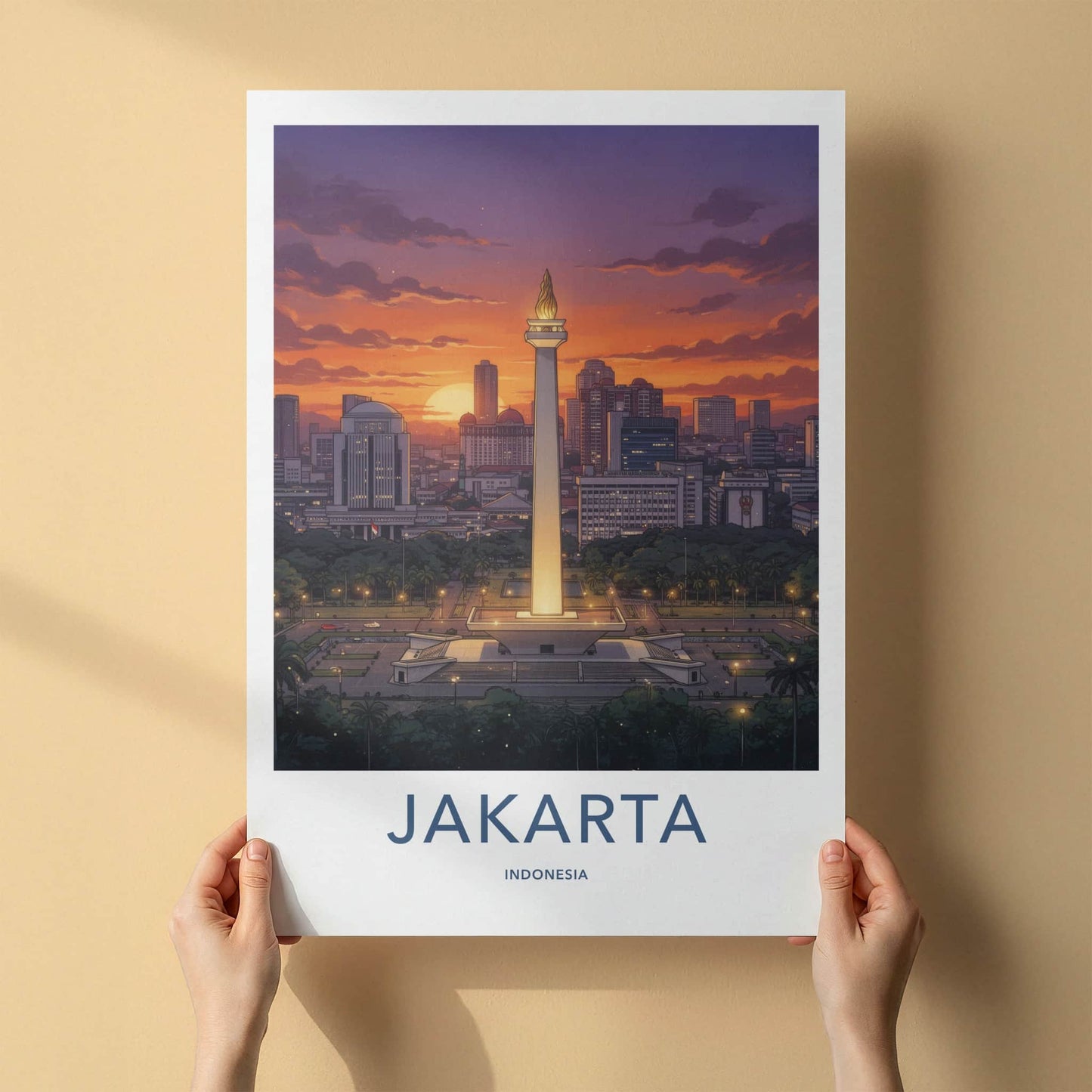 Jakarta Poster - Indonesia Travel Art - Monument Sunset City Home Decor