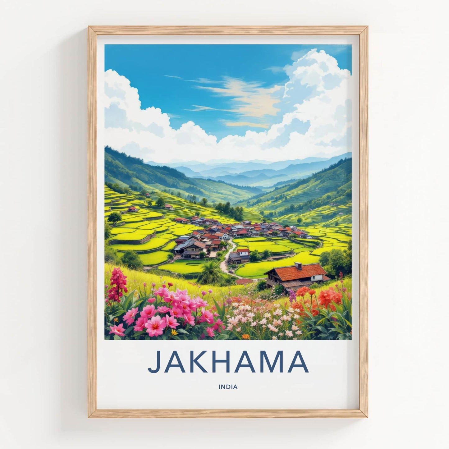 Jakhama Poster - India Travel Art - Nagaland Terraced Valley Village Home Decor