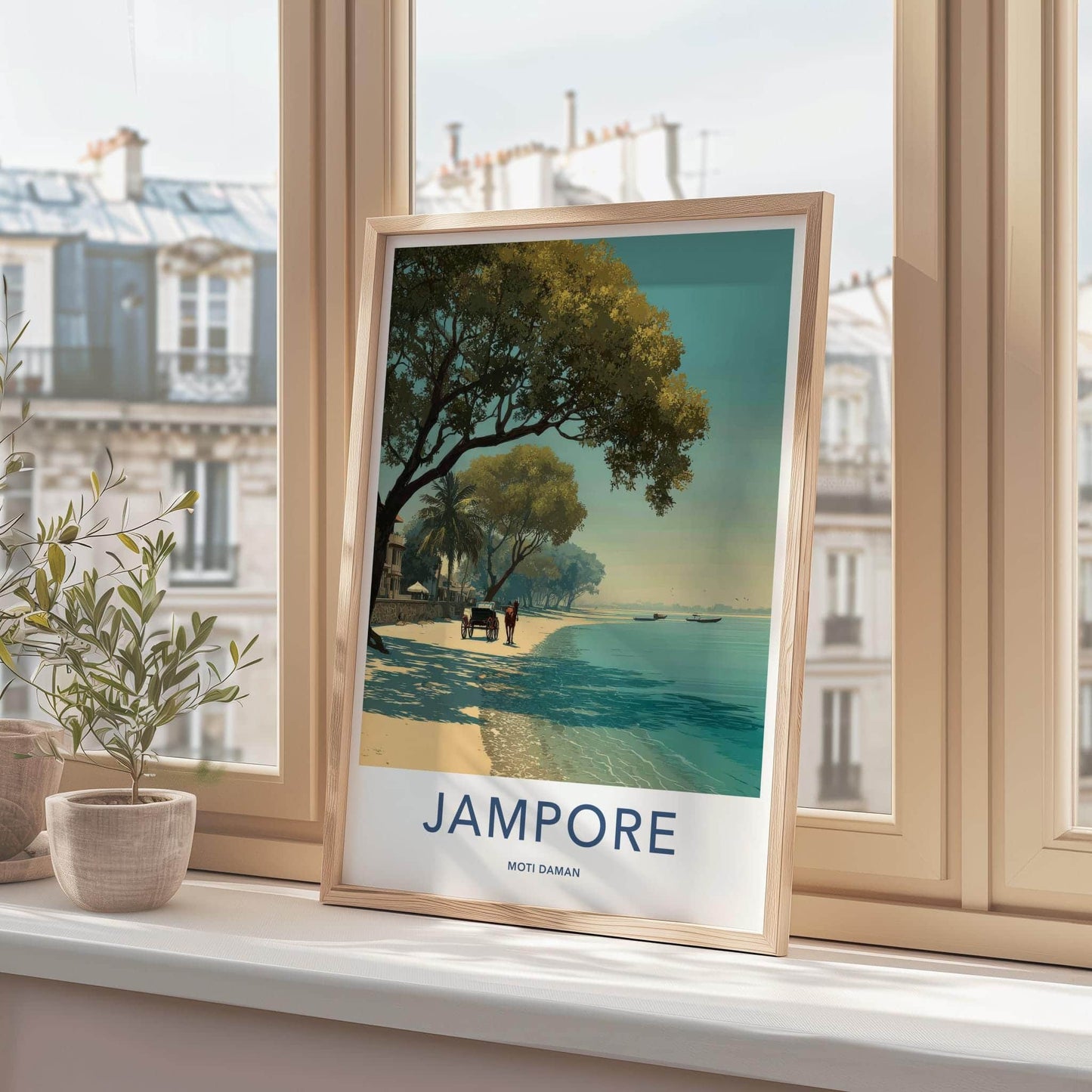 Jampore Poster - India Travel Art - Daman Horse Cart Beach Home Decor