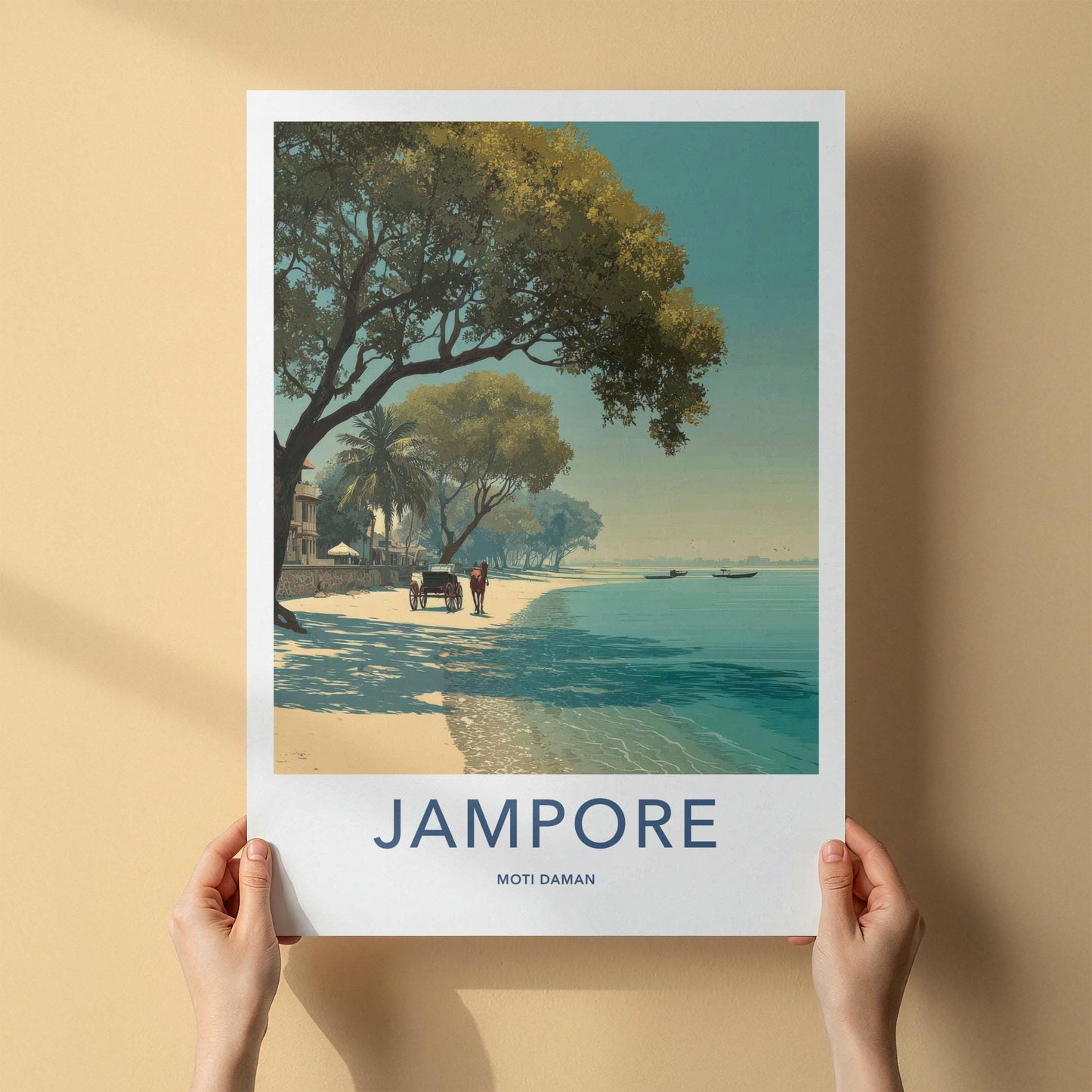 Jampore Poster - India Travel Art - Daman Horse Cart Beach Home Decor