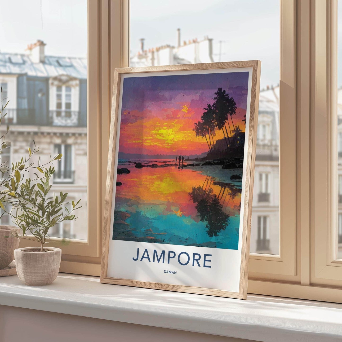 Jampore Poster - India Travel Art - Daman Tropical Sunset Beach Home Decor