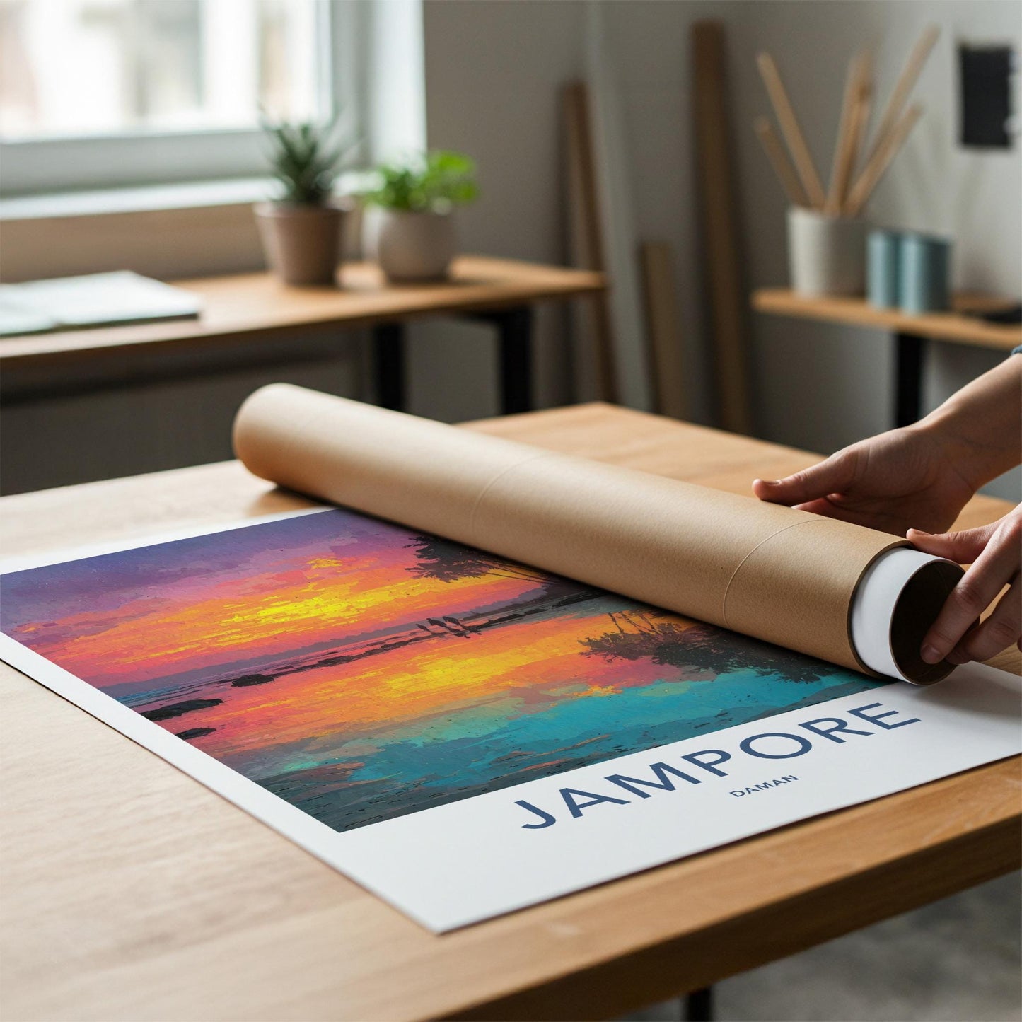Jampore Poster - India Travel Art - Daman Tropical Sunset Beach Home Decor