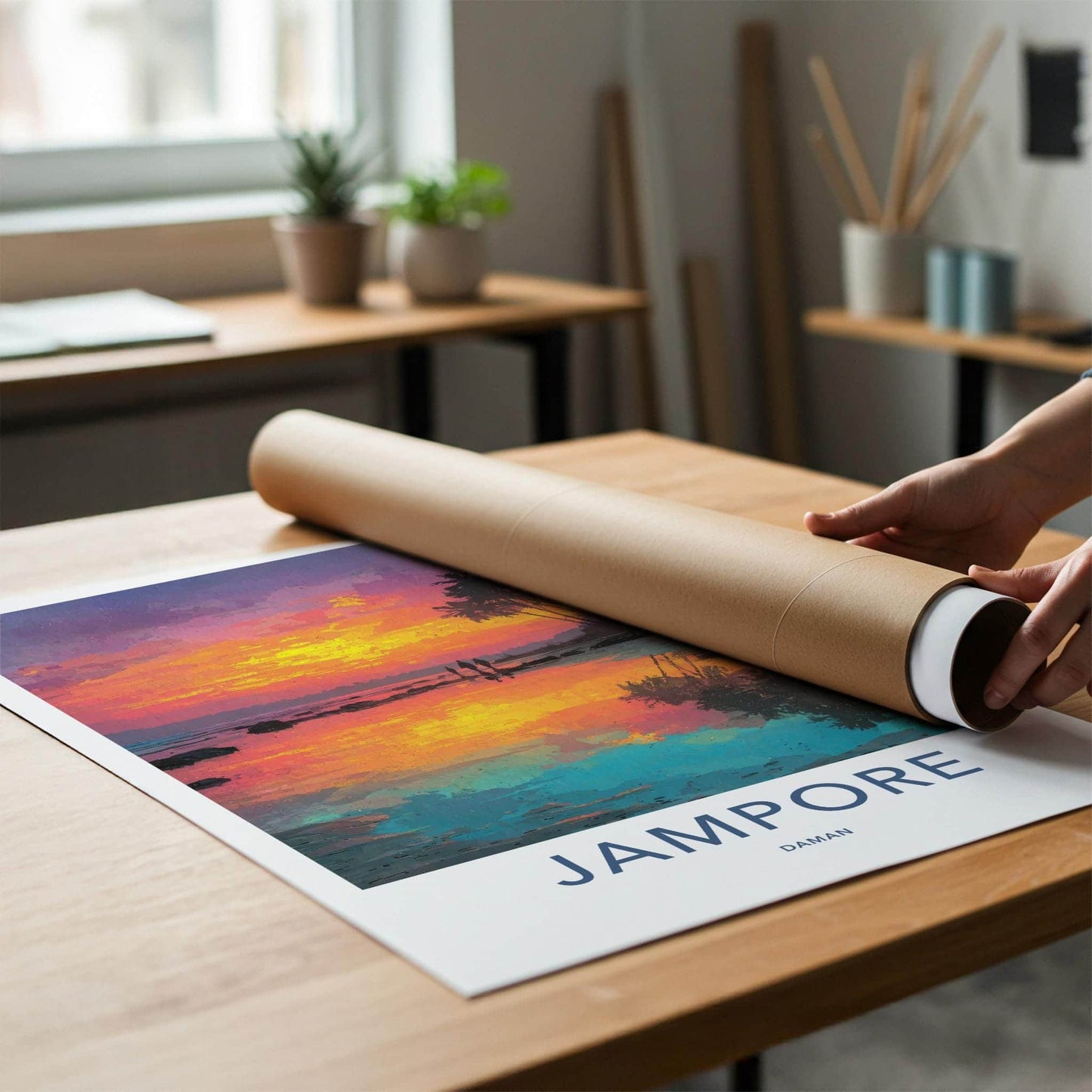 Jampore Poster - India Travel Art - Daman Tropical Sunset Beach Home Decor