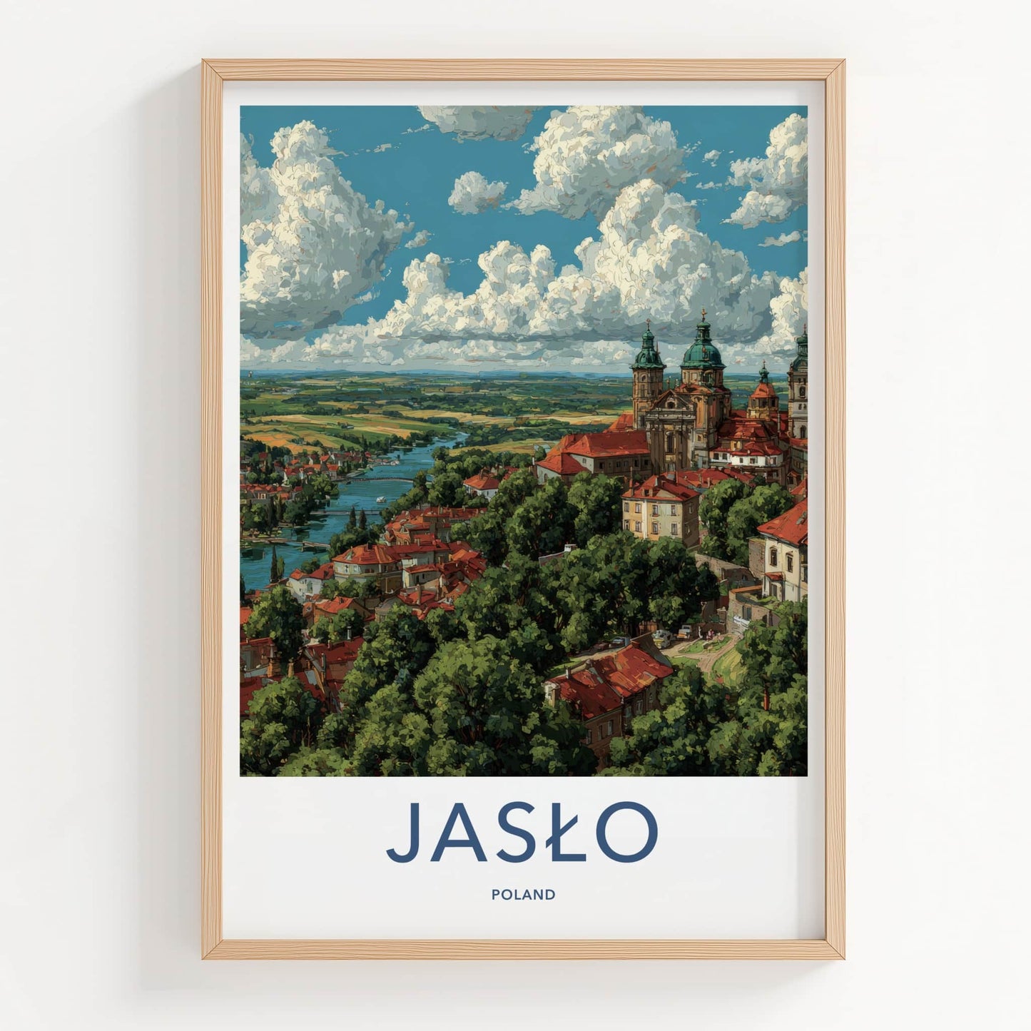 Jaslo Poster - Poland Travel Art - River Town Cathedral Home Decor