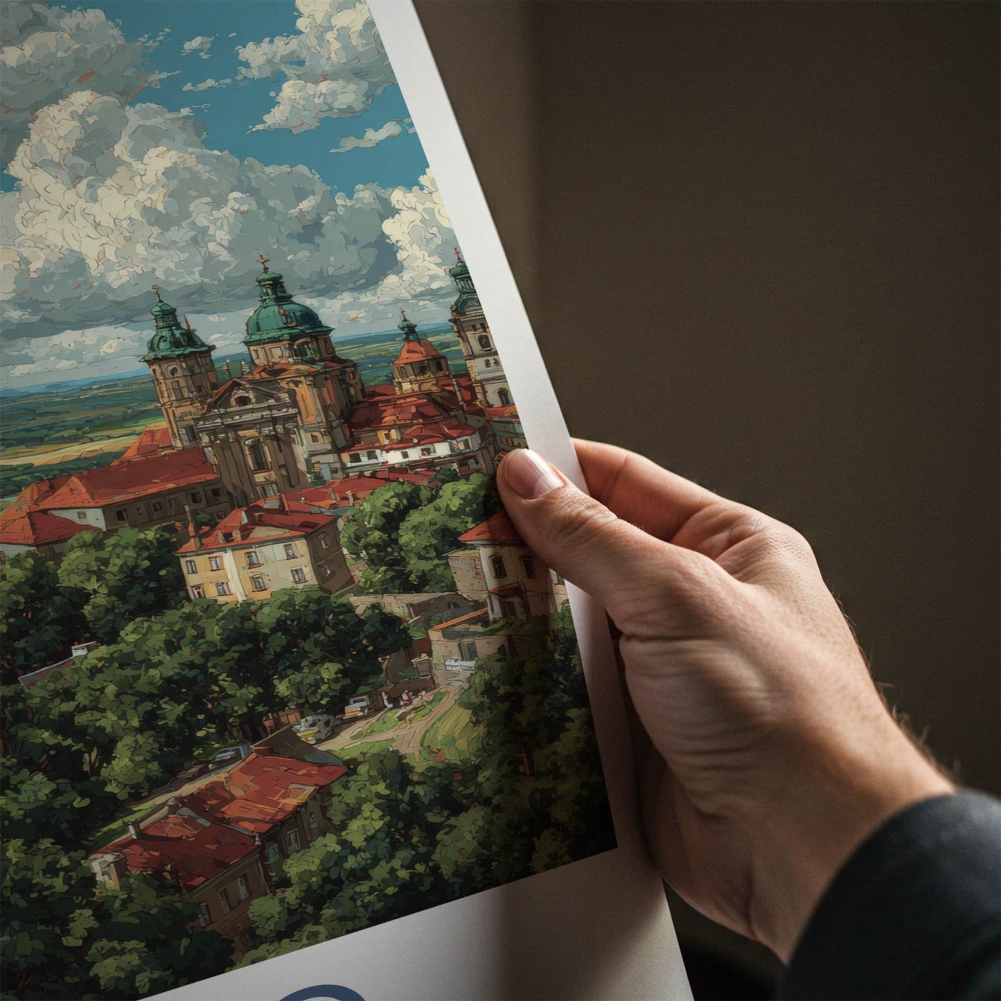 Jaslo Poster - Poland Travel Art - River Town Cathedral Home Decor