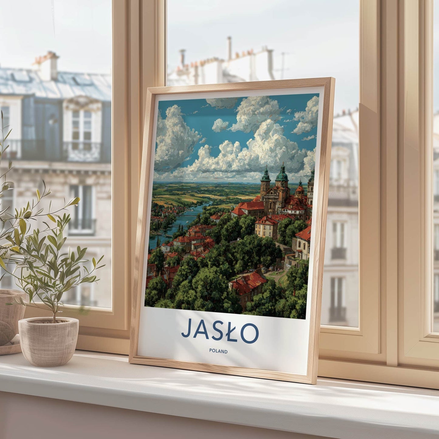 Jaslo Poster - Poland Travel Art - River Town Cathedral Home Decor