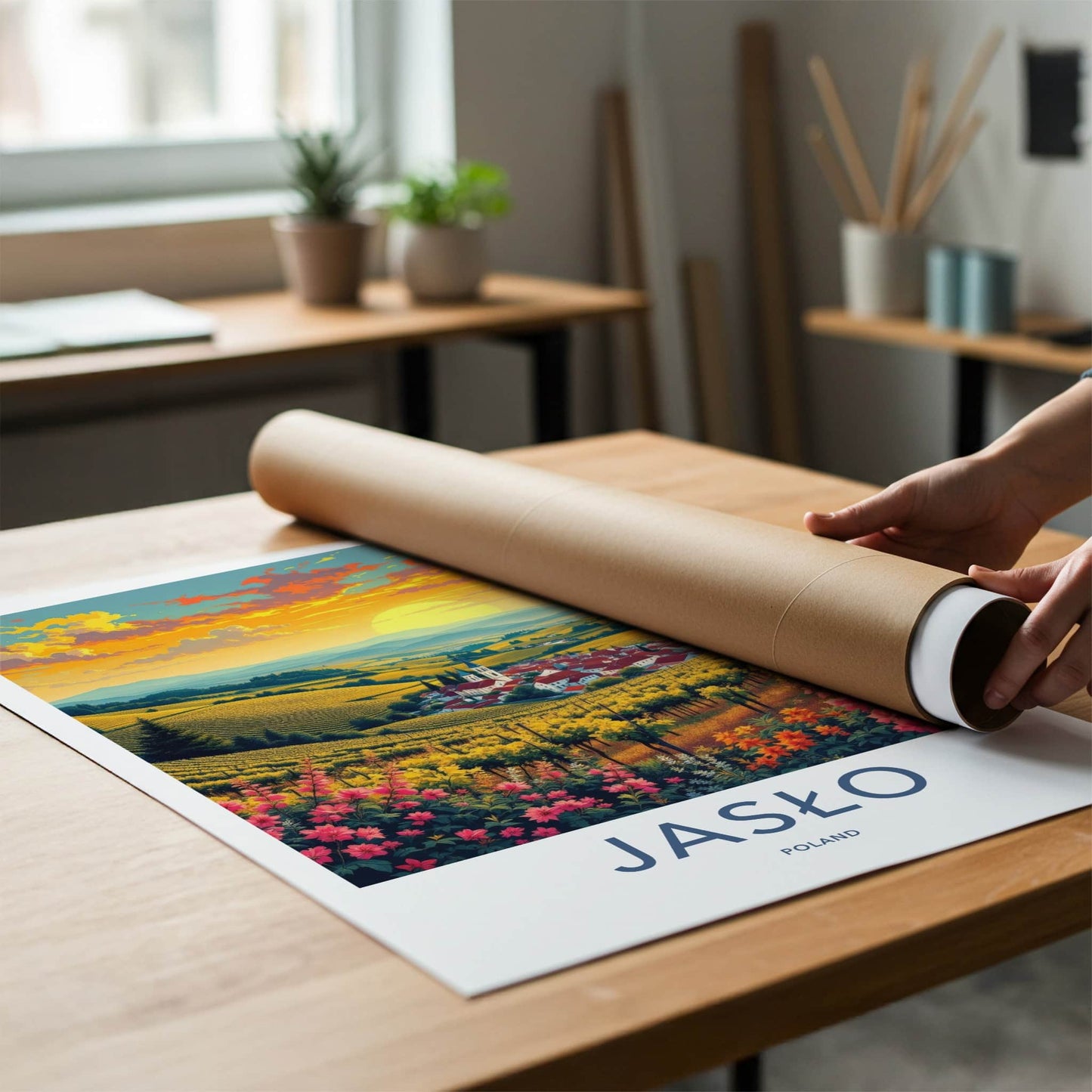 Jaslo Poster - Poland Travel Art - Vineyard Village Sunset Home Decor