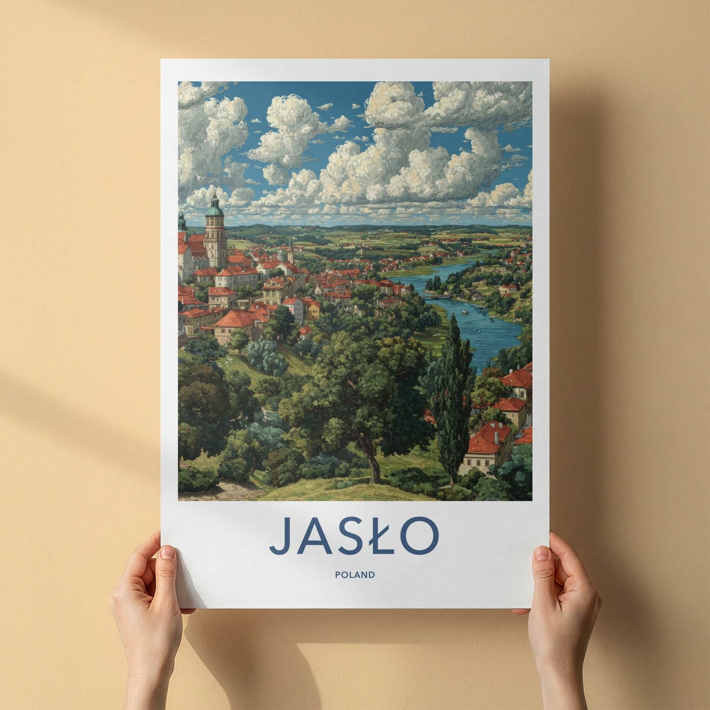 Jaslo Poster - Poland Travel Print - Red Roof Cityscape Lounge Decor
