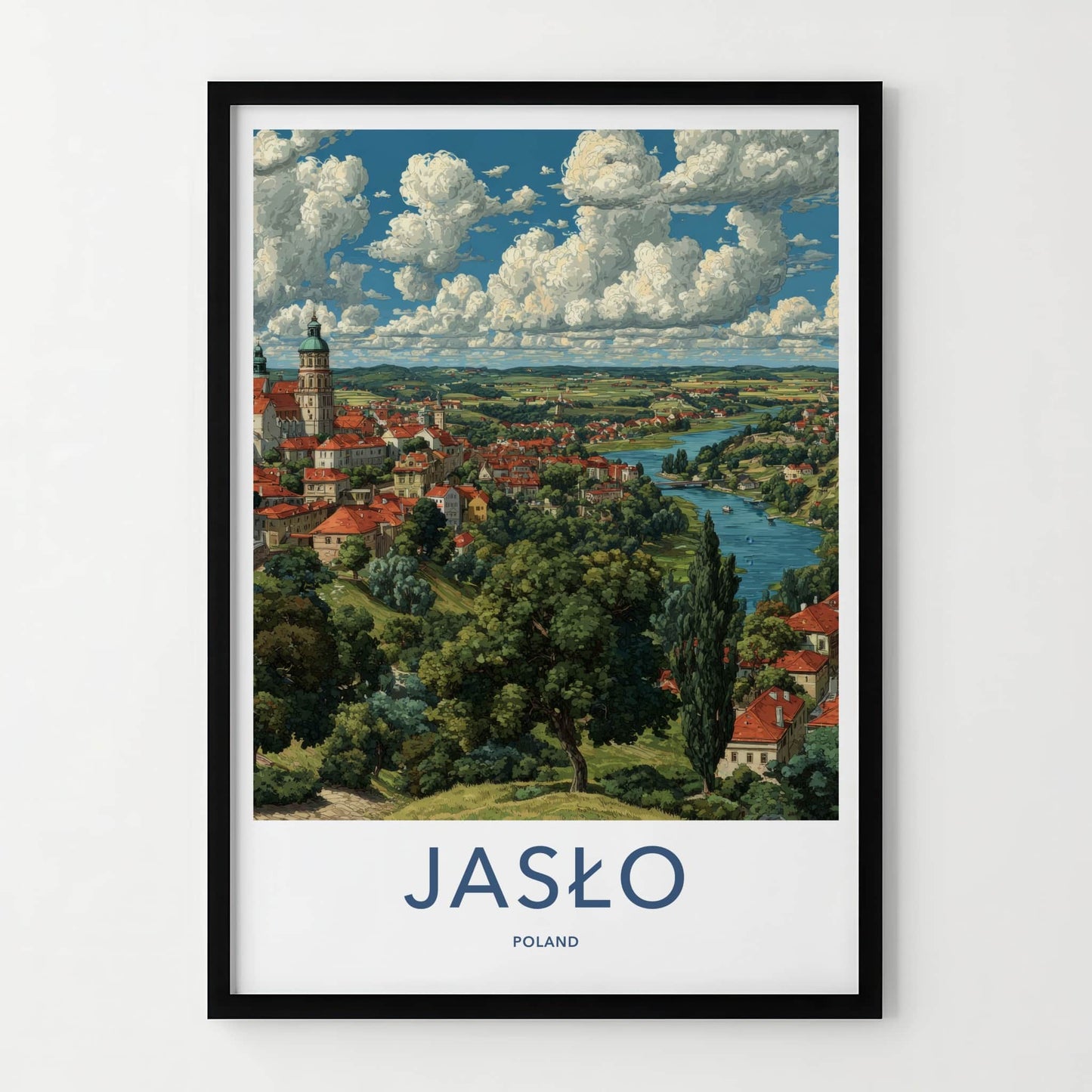 Jaslo Poster - Poland Travel Print - Red Roof Cityscape Lounge Decor