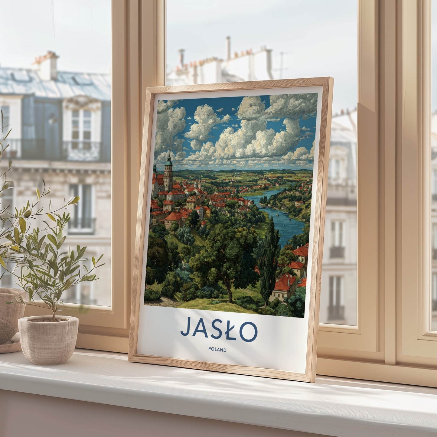 Jaslo Poster - Poland Travel Print - Red Roof Cityscape Lounge Decor