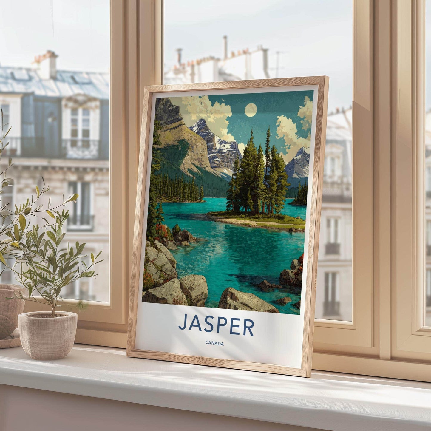 Jasper Poster - Canada Travel Art - Moonlit Mountain Lake Home Decor