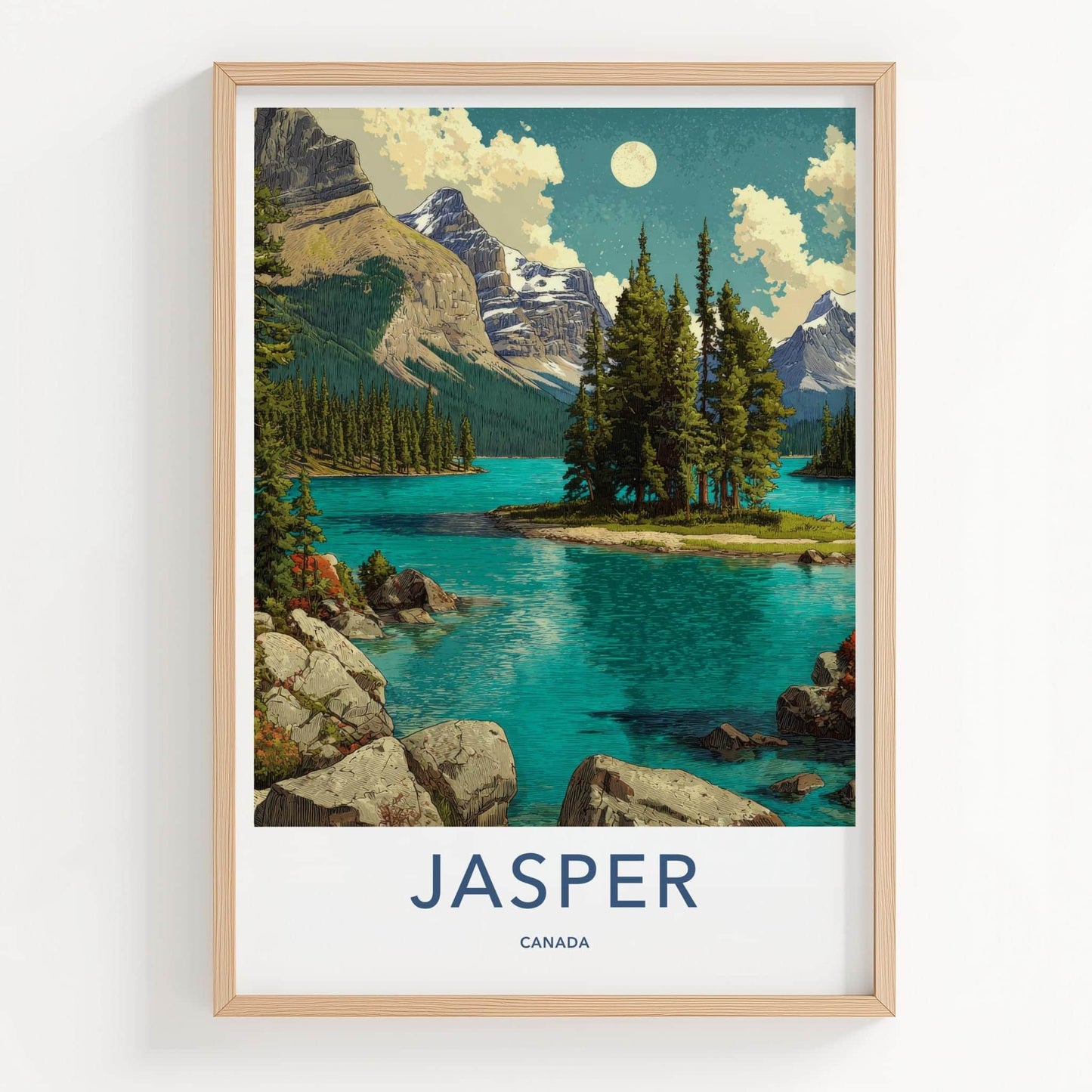 Jasper Poster - Canada Travel Art - Moonlit Mountain Lake Home Decor