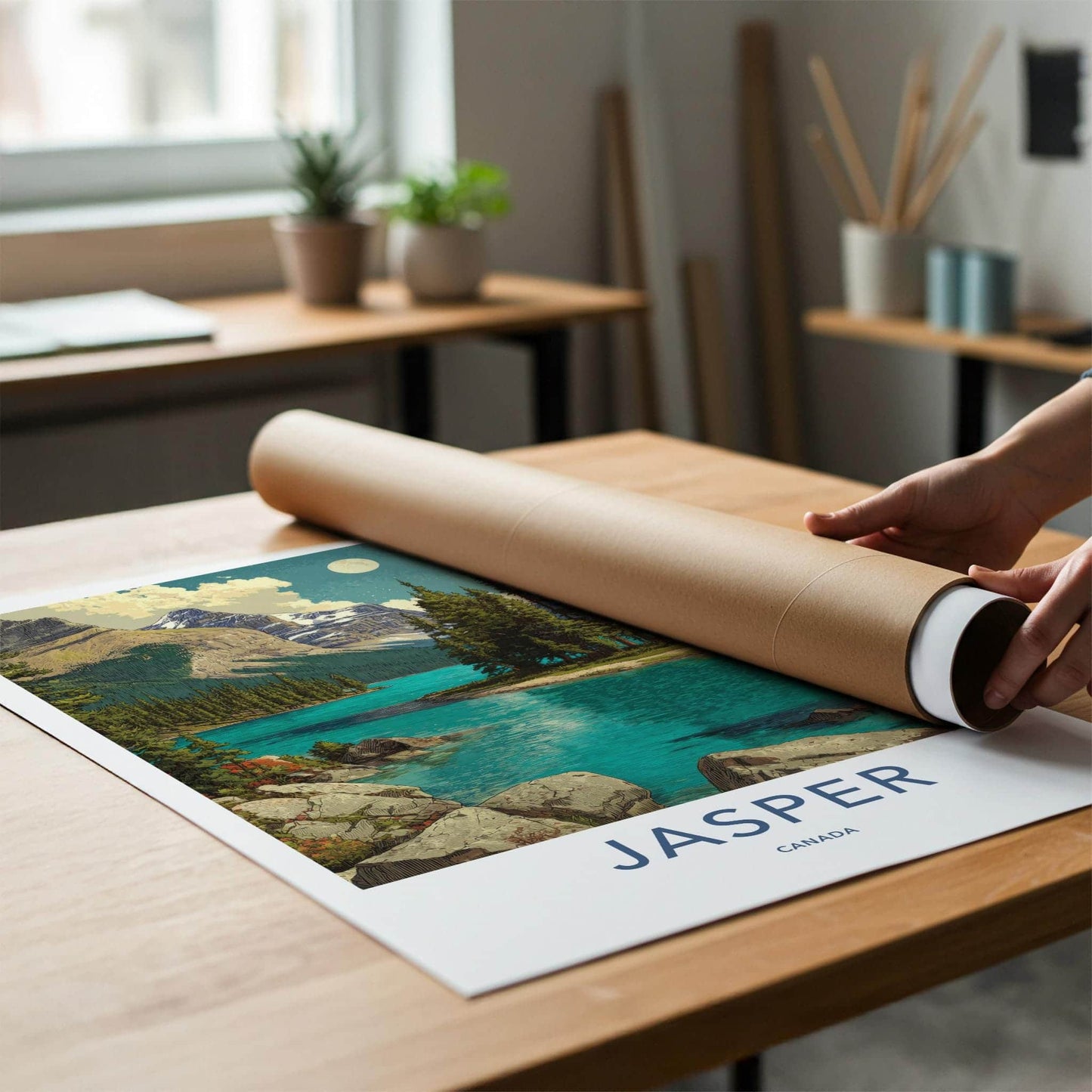 Jasper Poster - Canada Travel Art - Moonlit Mountain Lake Home Decor