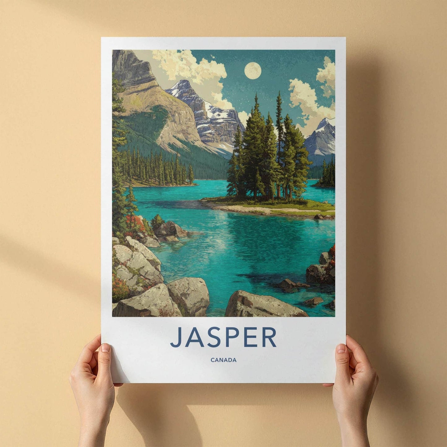 Jasper Poster - Canada Travel Art - Moonlit Mountain Lake Home Decor