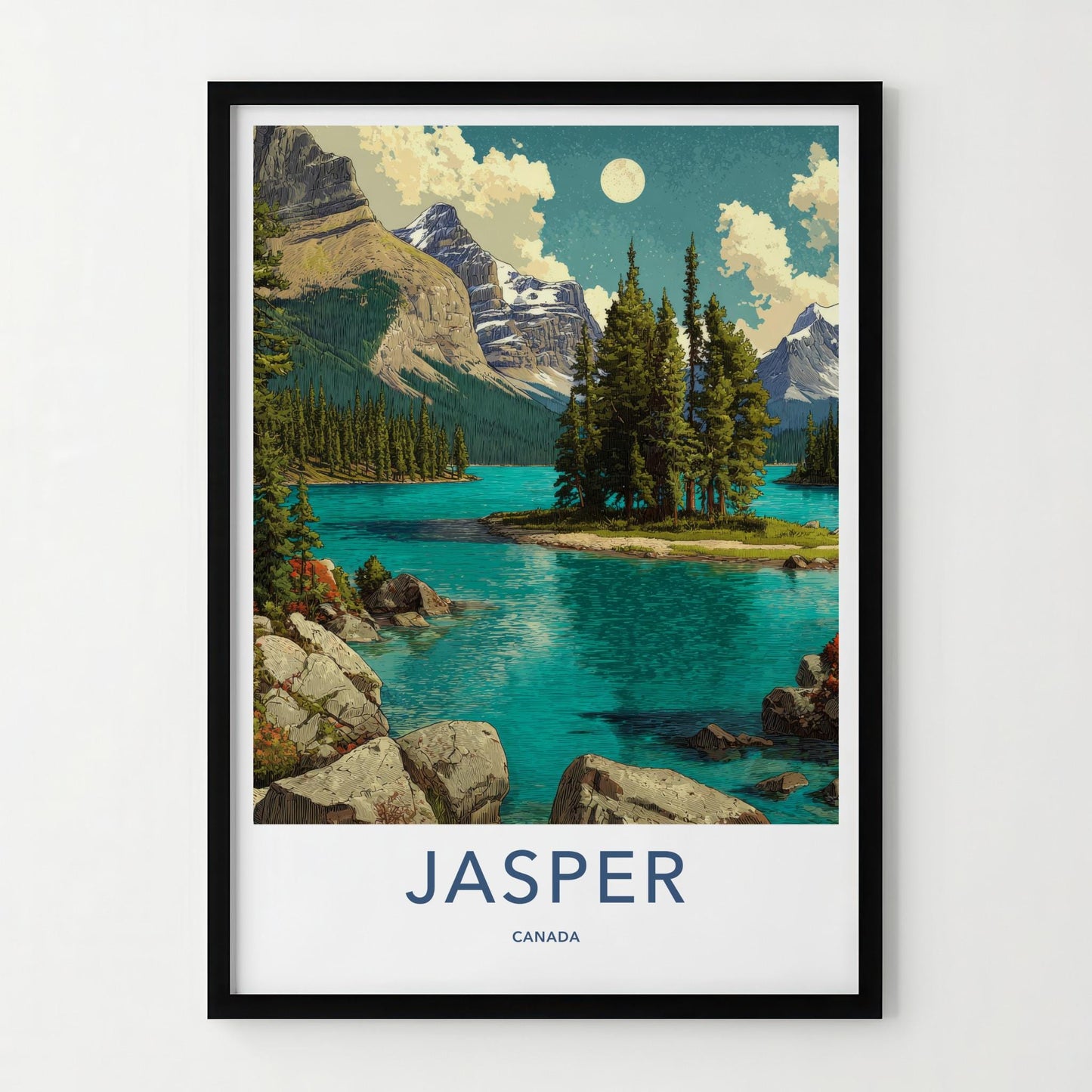 Jasper Poster - Canada Travel Art - Moonlit Mountain Lake Home Decor