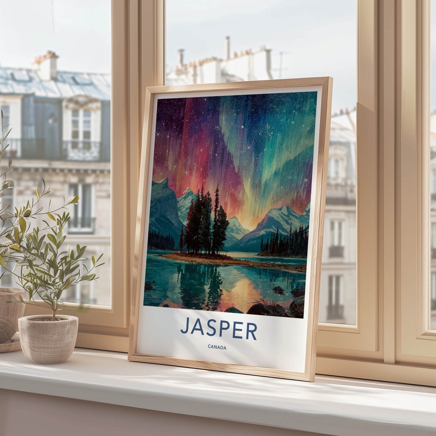 Jasper Poster - Canada Travel Print - Northern Lights Lake Lounge Decor