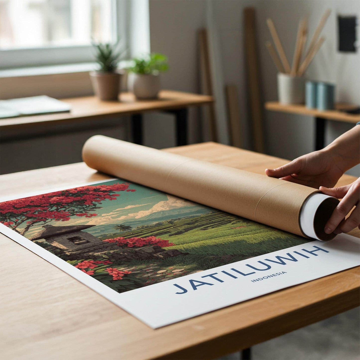 Jatiluwih Poster - Indonesia Travel Art - Lush Terrace Shrine Home Decor