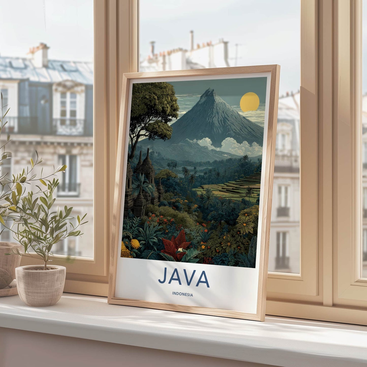 Java Poster - Indonesia Travel Art - Ancient Temples Mountain Gallery Art