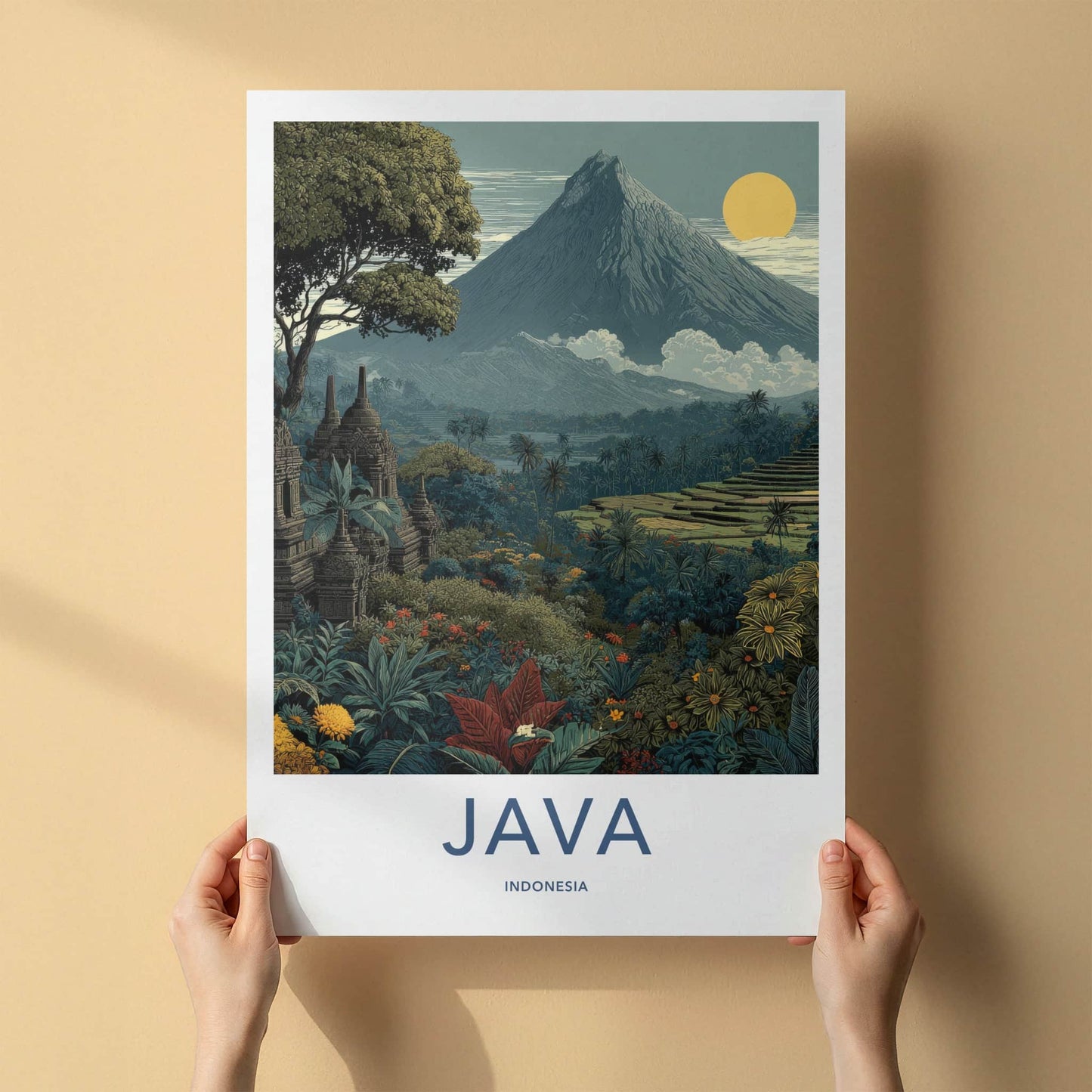 Java Poster - Indonesia Travel Art - Ancient Temples Mountain Gallery Art