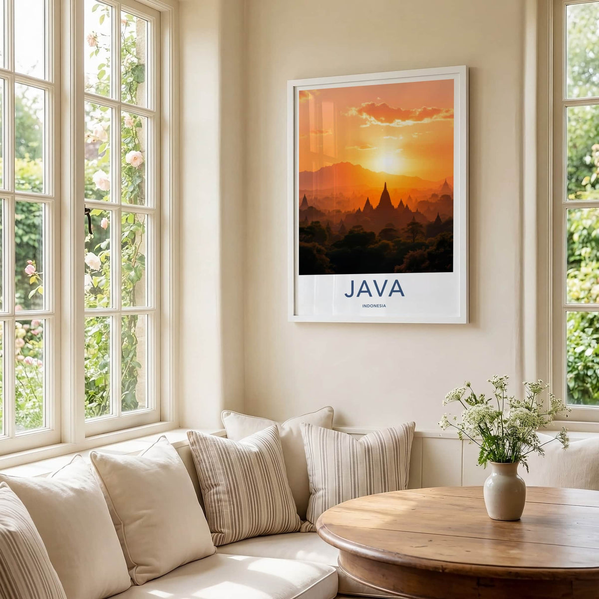 Java Poster - Indonesia Travel Art - Golden Sunset Temples Home Decor