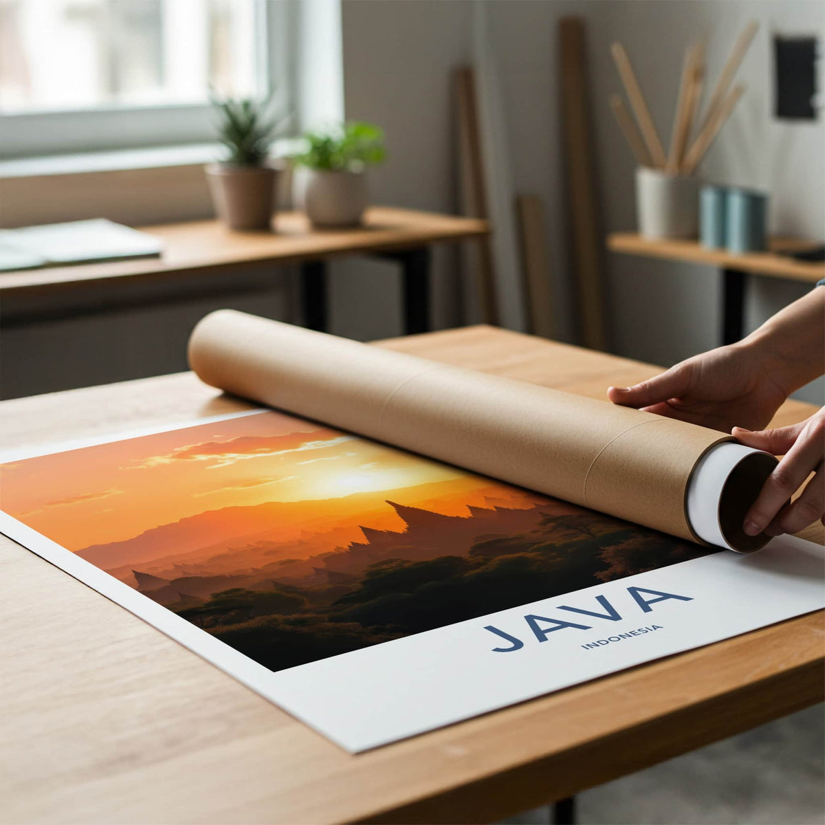 Java Poster - Indonesia Travel Art - Golden Sunset Temples Home Decor