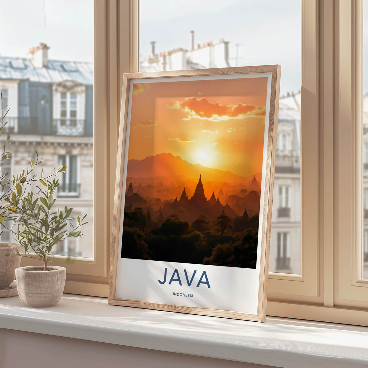 Java Poster - Indonesia Travel Art - Golden Sunset Temples Home Decor
