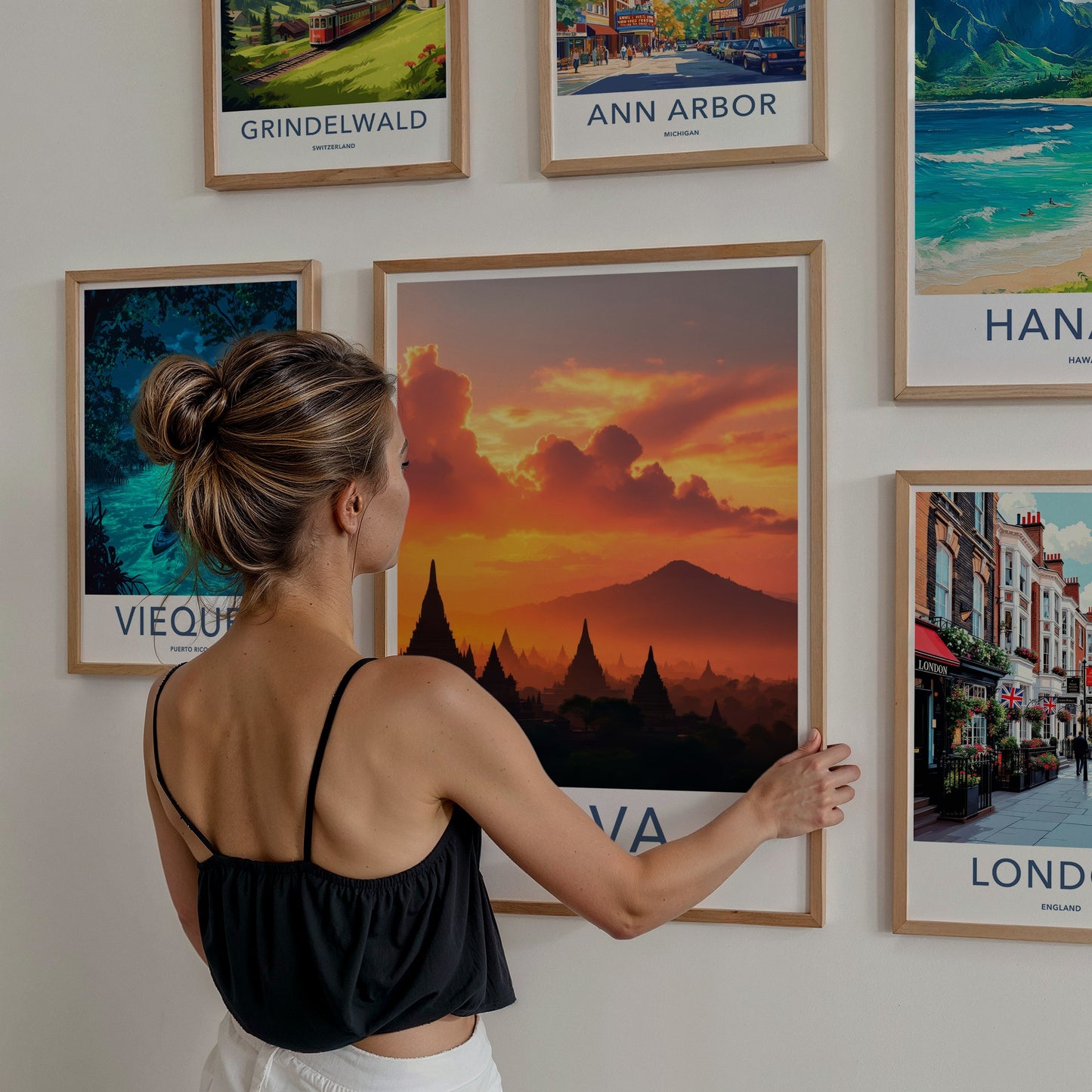 Java Poster - Indonesia Travel Art - Silhouetted Temples Mountains Home Decor