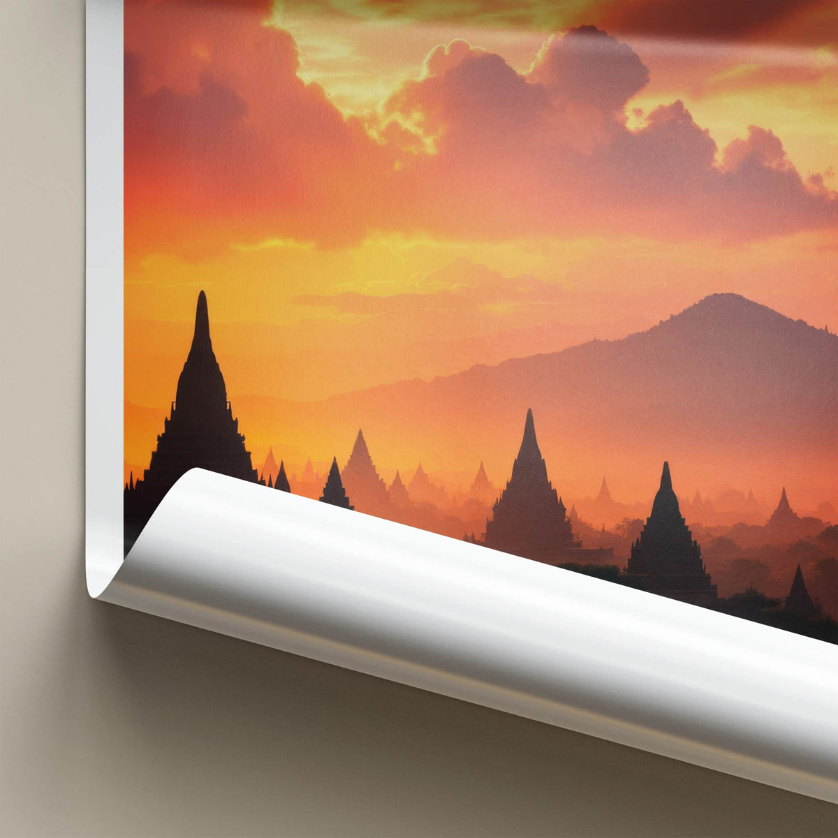 Java Poster - Indonesia Travel Art - Silhouetted Temples Mountains Home Decor