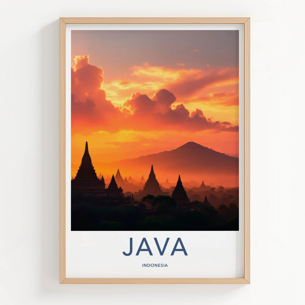 Java Poster - Indonesia Travel Art - Silhouetted Temples Mountains Home Decor